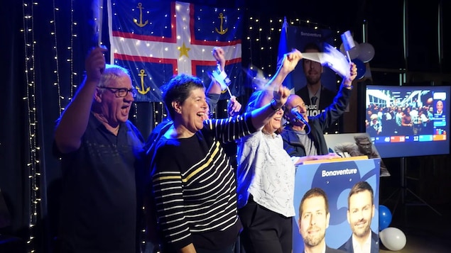 Des gens agitent des drapeaux du Québec.
