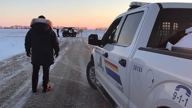 RCMP officers search along fields near the Canada-U.S. border. 