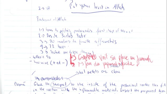 La recette manuscrite pour fabriquer une bombe à l'aide d'un autocuiseur qui a été saisie par les policiers. La recette manuscrite pour fabriquer une bombe à l'aide d'un autocuiseur qui a été saisie par les policiers.