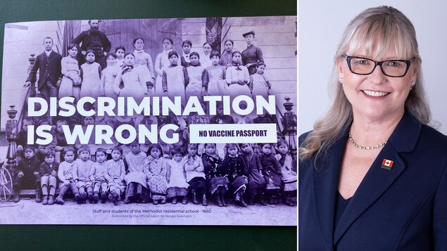 Montage avec Renate Siekmann à droite et une image de la brochure de campagne utilisée à gauche.