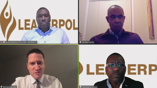 Une capture d'écran de la rencontre virtuelle sur Zoom. En haut, se trouvent Bello Mansour à droite et Michel Adrien à gauche. En bas, il y a Benoit Charette et Mamadou N'Diaye.