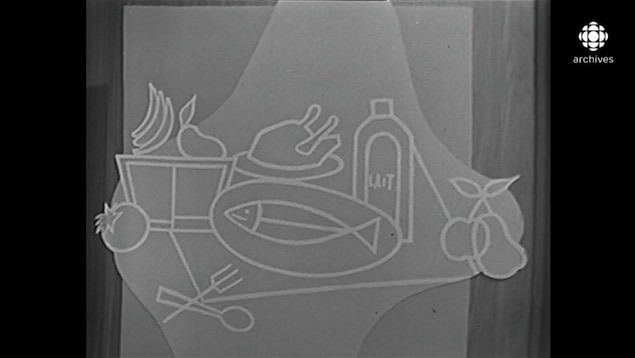 En noir et blanc, dessin représentant différents aliments : une corbeille de fruits, un poulet rôti, un poisson entier et une pinte de lait.