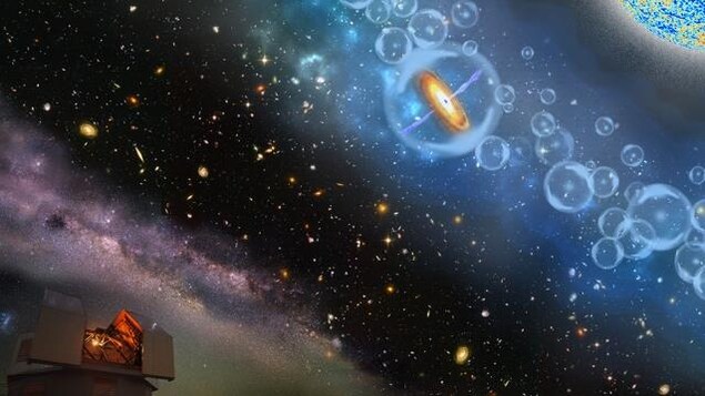 Représentation artistique de l'observation de l'Univers et des quasars. Représentation artistique de l'observation de l'Univers et des quasars.