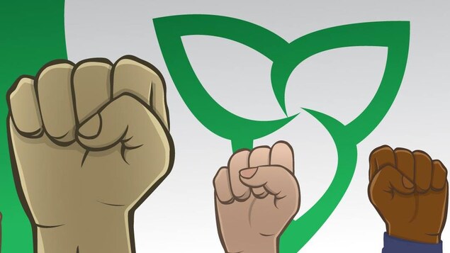 Dessin montrant des poings levés devant le drapeau franco-ontarien.