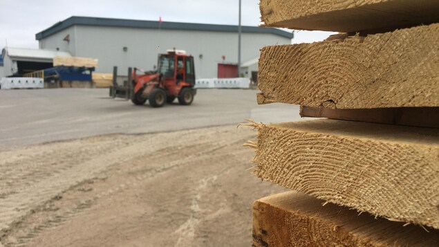 Des planches de bois sont empilées à l'extérieur de l'usine.