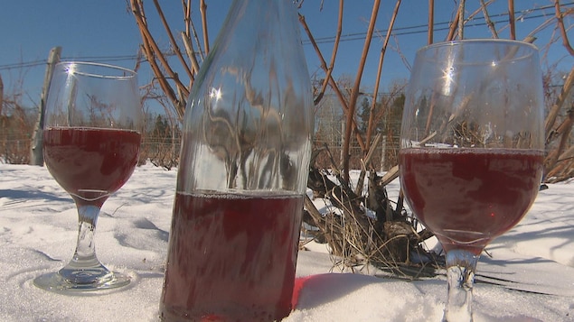 Des coupes et une bouteille de vin sont déposées dans la neige
