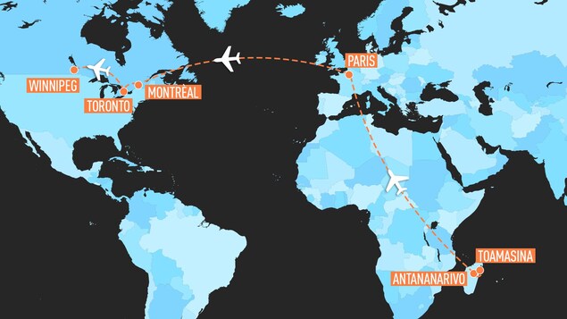 Une carte montre les étapes du trajet : de Toamasina à Antananarivo à Madagascar, puis vers Paris et de là vers Montréal, Toronto et Winnipeg.
