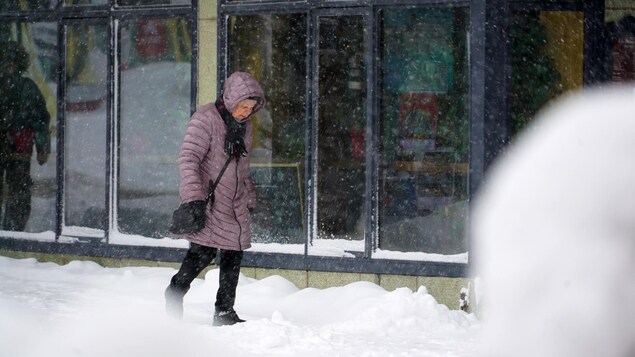 Une piétonne emmitouflée marche devant une vitrine.