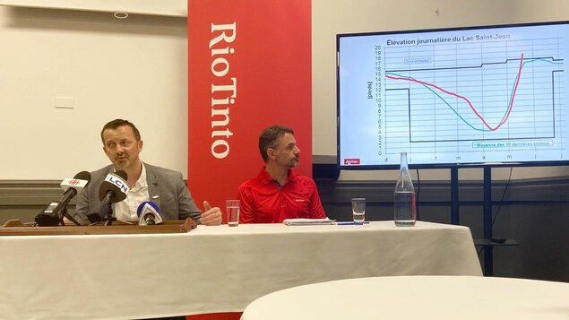 Deux représentants de Rio Tinto s'adressent aux médias dans une salle.