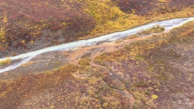 De l'eau orange se mêle à de l'eau claire dans une rivière.