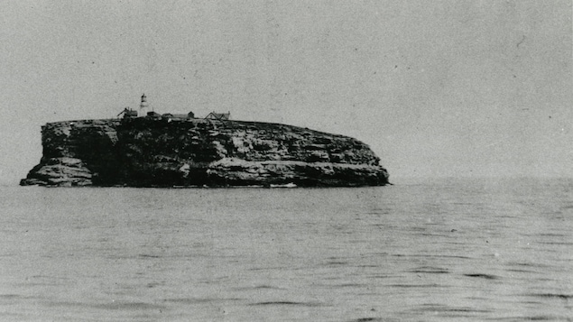 Photo d'archives en noir et blanc de l'ensemble de l'île vu du large.