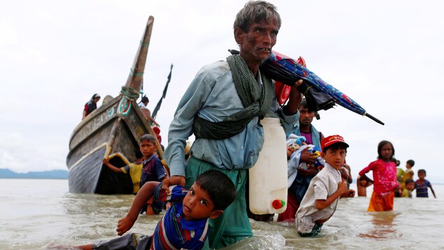 Ce Rohingya traîne un garçon dans l'eau après avoir réussi à franchir la frontière entre le Myanmar et le Bangladesh. Ce Rohingya traîne un garçon dans l'eau après avoir réussi à franchir la frontière entre le Myanmar et le Bangladesh.