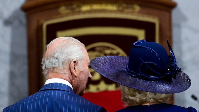 Charles et Camilla vus de dos, devant le trône.