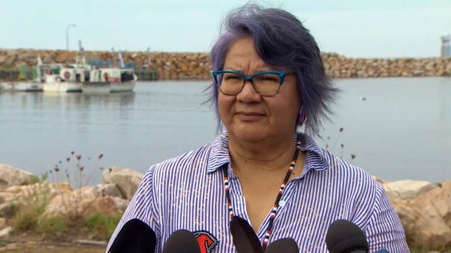 RoseAnne Archibald, the national chief of the Assembly of First Nations, criticized DFO's enforcement Thursday of the Sipekne'katik treaty fishery. She is speaking to the reporters on the docks, with water and boats in the background.