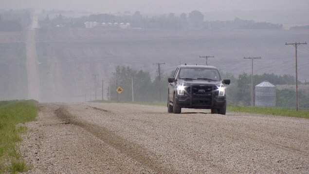 La route 225 près de Bellevue, en Saskatchewan, le 2 juin 2023.