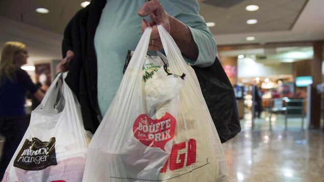 Une femme tient des sacs de plastique à la main. Une femme tient des sacs de plastique à la main.