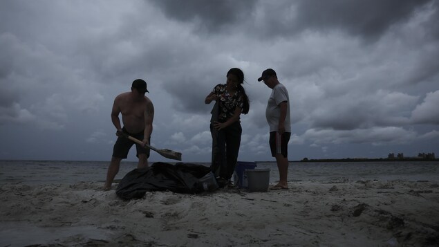 Trois personnes remplissent des sacs de sable sur une plage.