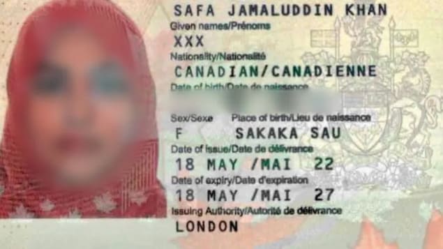 Western University student Safa Khan's full name is listed in the surname field on her Canadian passport. The mother of two's first name reads XXX, something she had no control over and that gives her plenty of issues. (Submitted by Safa Khan)