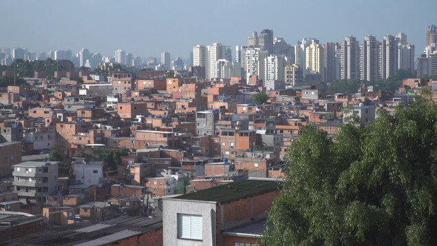 Vue sur plusieurs petites maisons au pied de gratte-ciels plus imposants à Sao Paulo. Vue sur plusieurs petites maisons au pied de gratte-ciels plus imposants à Sao Paulo.