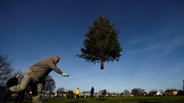 Un homme lançant un sapin de Noël lors d'un compétition à Ennis, en Irlande Un homme lançant un sapin de Noël lors d'un compétition à Ennis, en Irlande