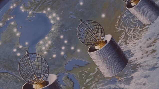 Infographie représentant trois satellites au-dessus de la planète Terre.