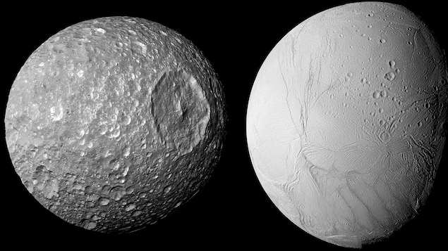 Gros plan sur la lune Mimas de Saturne.