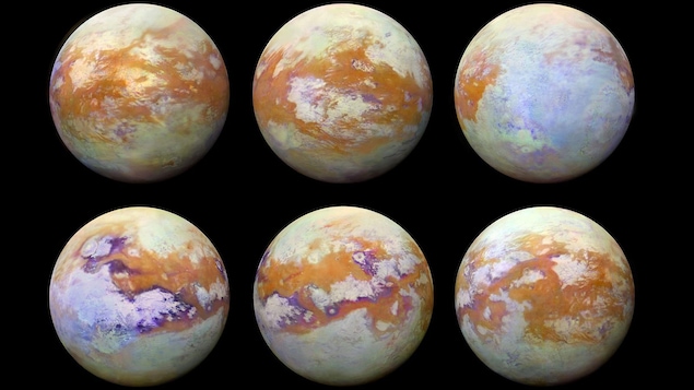 Six images de la lune Titan de Saturne.