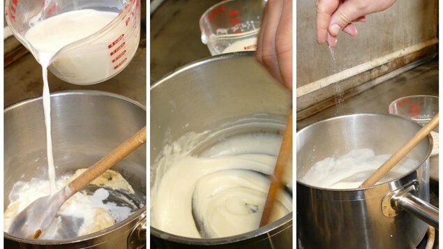 Dans un chaudron, on verse le lait et le sel pour faire la sauce béchamel. Dans un chaudron, on verse le lait et le sel pour faire la sauce béchamel.