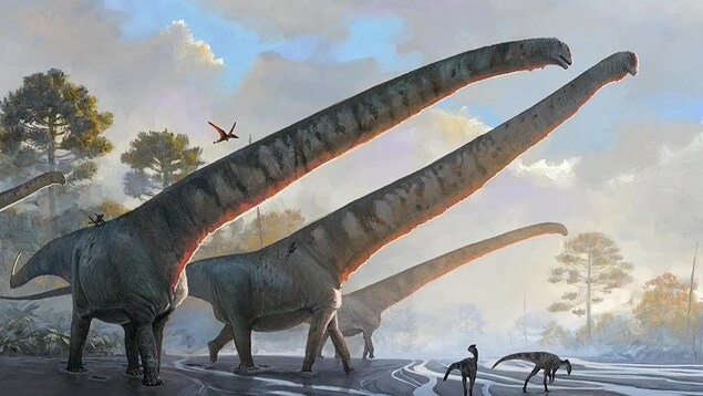 Illustration artistique de sauropodes au long cou.