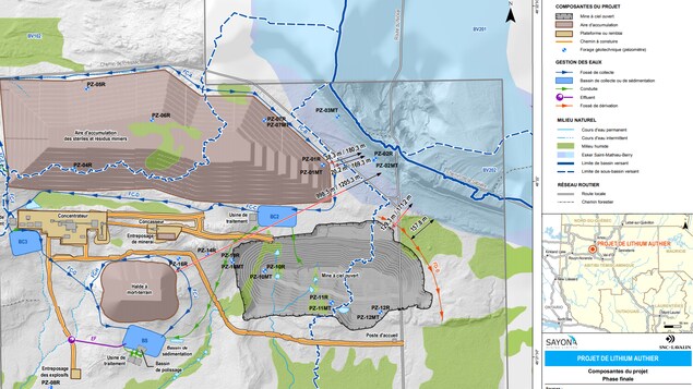 Carte du projet minier. La partie bleue en haut à droite représente l'esker. On voit qu'il est situé à 130 mètres de la mine et 40 mètres de l'aire d'accumulation des résidus miniers. Carte du projet minier. La partie bleue en haut à droite représente l'esker. On voit qu'il est situé à 130 mètres de la mine et 40 mètres de l'aire d'accumulation des résidus miniers.