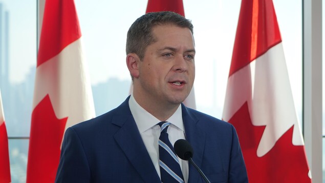 Plan rapproché d'Andrew Scheer devant des drapeaux du Canada.