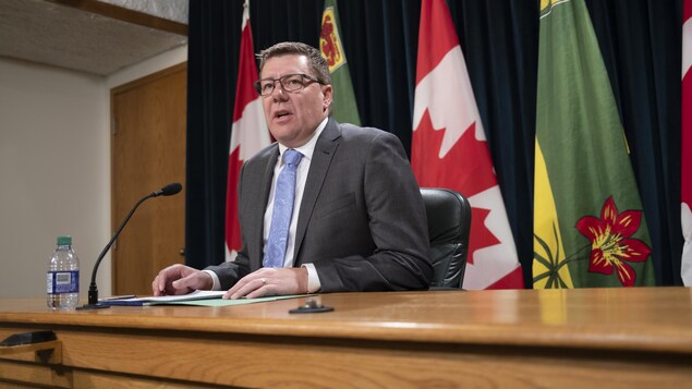Scott Moe lors d'une conférence de presse à l'assemblée législative (archives).