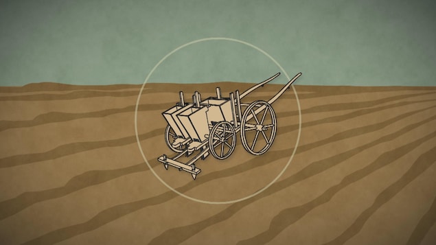 image infographique d'un des premiers semoir utilisé en agriculture.