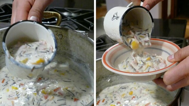 Wab verse la soupe à l'aide d'une tasse en grès. Wab verse la soupe à l'aide d'une tasse en grès.