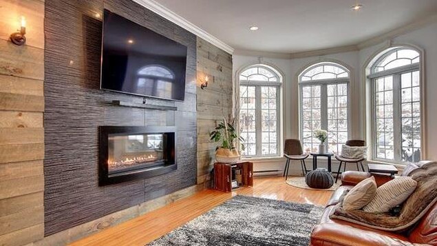 Un salon avec une cheminée et une télévision.