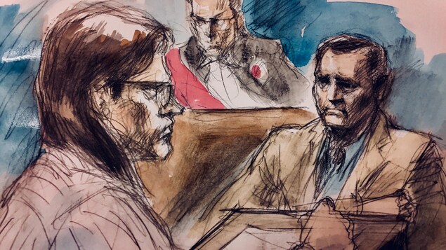 Dellen Millard (avec les lunettes), qui se défend seul, interroge le père de la victime, Clayton Babcock, le juge est assis un peu plus haut, la scène se passe dans un tribunal, c'est un dessin. Dellen Millard (avec les lunettes), qui se défend seul, interroge le père de la victime, Clayton Babcock, le juge est assis un peu plus haut, la scène se passe dans un tribunal, c'est un dessin.