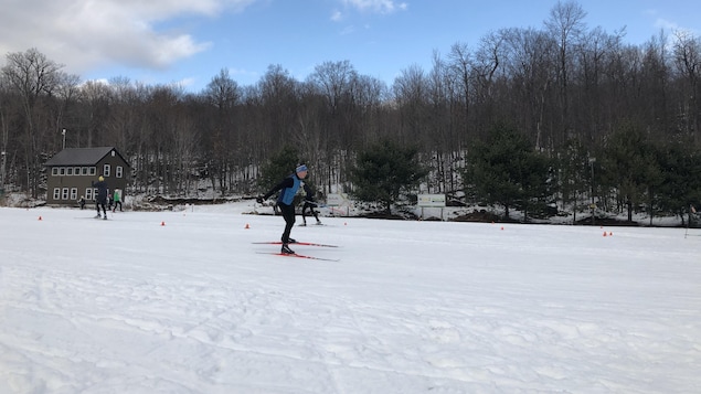 Un homme en ski de fond, devant la forêt.