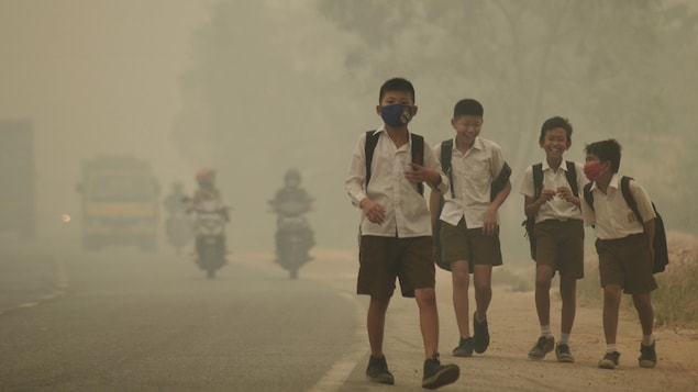 Des jeunes en Indonésie se rendent à pied à l'école malgré un smog épais. 
