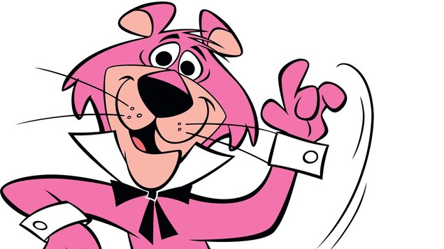 Un puma rose anthropomorphe de dessin animé salue et sourit. Un puma rose anthropomorphe de dessin animé salue et sourit.