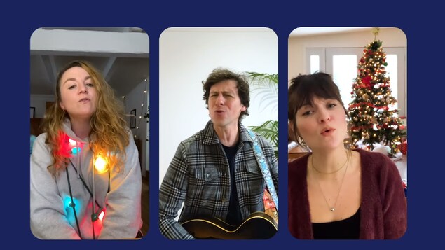 Les trois artistes chantent en ligne.
