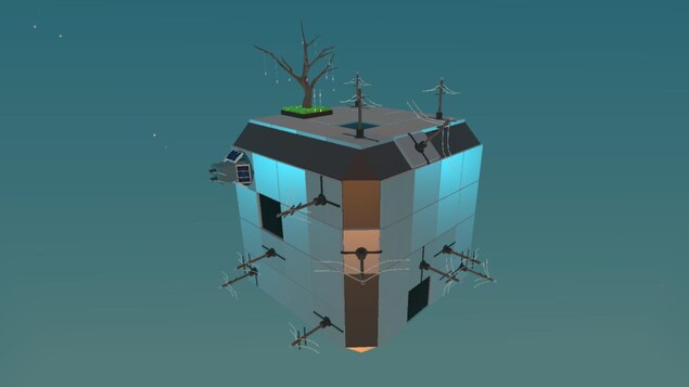 On voit un cube avec des poteaux électriques sur sa surface et un arbre dans lequel sont accrochées des lumières éteintes. On voit un cube avec des poteaux électriques sur sa surface et un arbre dans lequel sont accrochées des lumières éteintes.