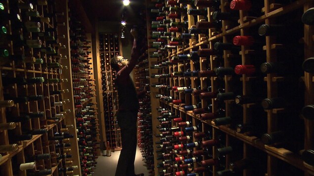 Un homme saisit une bouteille de vin parmi plusieurs autres entreposées dans une cave à vin à l'éclairage tamisé.