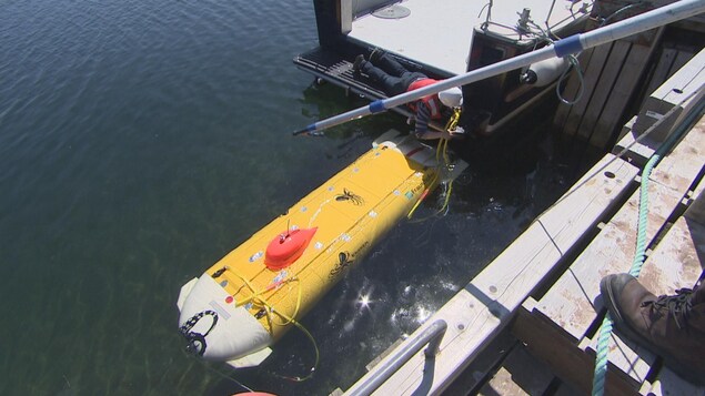 Des techniciens mettent à l'eau un petit véhicule sous-marins Des techniciens mettent à l'eau un petit véhicule sous-marins