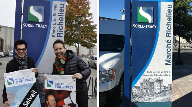 À gauche, le maire de Sorel-Tracy Serge Péloquin et Éric Salvail, en octobre 2015, après le baptême de la place du marché. À droite, le nouveau panneau installé par la ville. À gauche, le maire de Sorel-Tracy Serge Péloquin et Éric Salvail, en octobre 2015, après le baptême de la place du marché. À droite, le nouveau panneau installé par la ville.