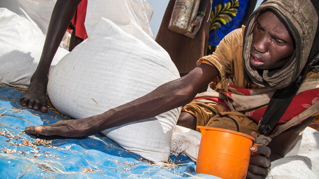 Une femme sud-soudanaise ramasse des graines qui traînent à la suite d'une distribution de nourriture Une femme sud-soudanaise ramasse des graines qui traînent à la suite d'une distribution de nourriture