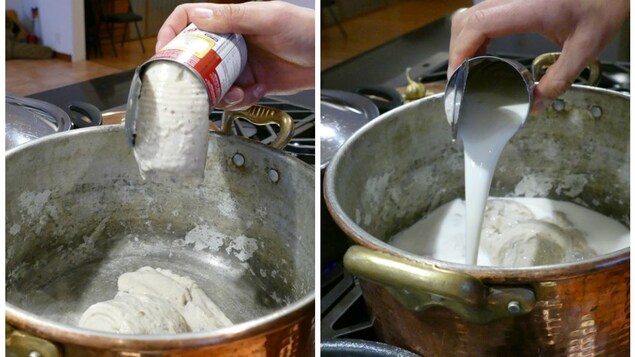 Dans un grand chaudron, il verse la soupe aux champignons et le lait. Dans un grand chaudron, il verse la soupe aux champignons et le lait.