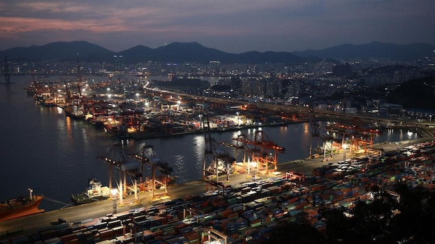 A view of a port at dusk. 