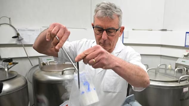A technician prepares vials containing sperm frozen in liquid nitrogen. Health Canada is replacing sperm donor screening questions about men who have sex with men in the previous three months with gender-neutral questions. 