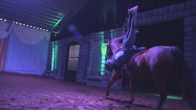 La cavalière effectue une acrobatie sur sa monture. La cavalière effectue une acrobatie sur sa monture.