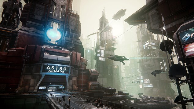 Une ville futuriste où se croisent des vaisseaux spatiaux, avec un bâtiment à l'avant-plan affichant le nom Astro Armada.